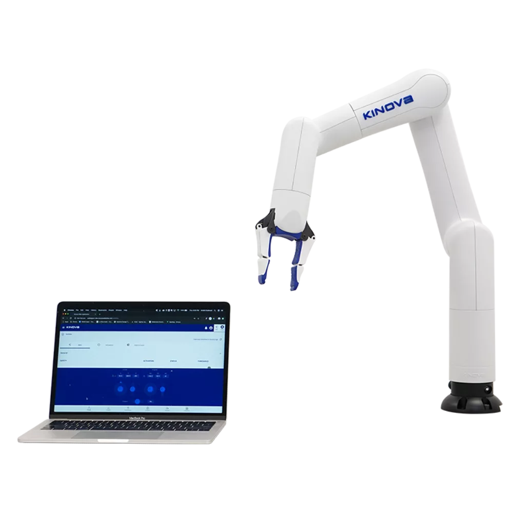 Kinova Gen3 lite robotic arm beside a laptop running its control interface