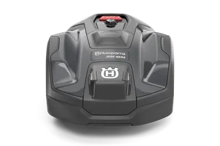 Husqvarna Automower® 305E NERA. Husqvarna Automower® 305E NERA. Front view of a Husqvarna robotic lawn mower.