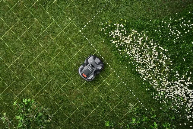 Robotic lawn mower operating on a grass lawn with a grid overlay and white flowers nearby.