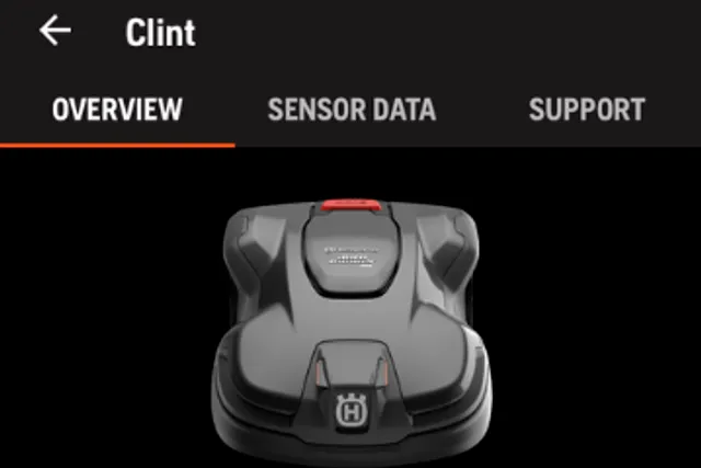 Mobile app interface showing details of a Husqvarna robotic lawn mower, including model name, serial number, and options for firmware updates.