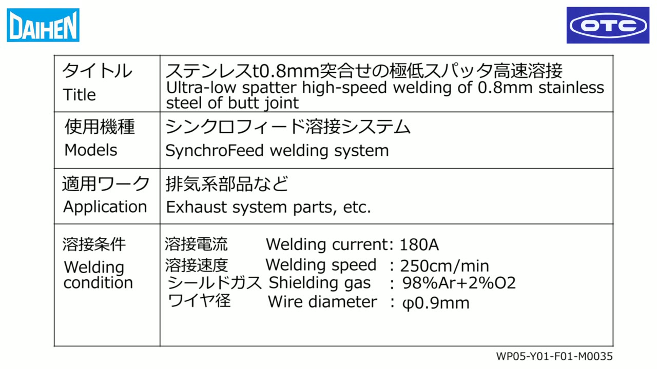 Synchro Feed焊接系统12 不锈钢t0.8mm对接超低飞溅高速焊接
