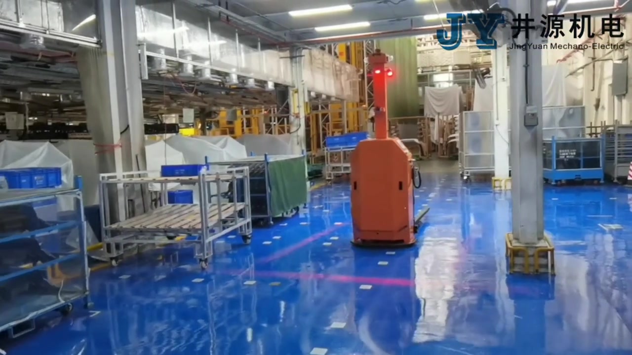 井源机电 AGV 在电子工厂执行料架搬运